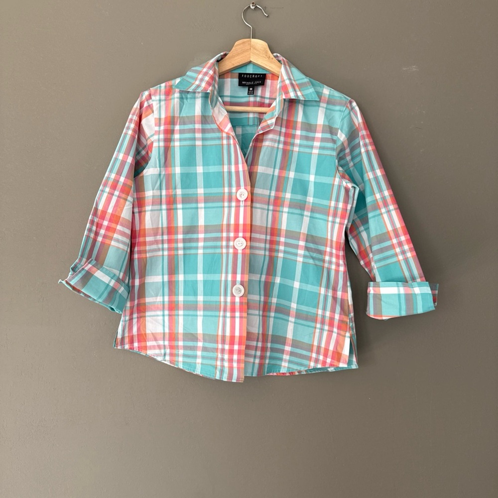 Foxcroft 100% Cotton Wrinkle Free Multicolor Plaid 3/4 Sleeve Button-Up Shirt